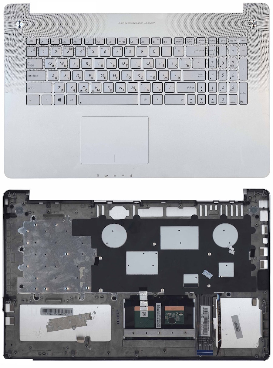 Клавиатура для ноутбука Asus N750, N750J, N750JK, N750JV серебряная, с подсветкой, верхняя панель в сборе (серебряная)