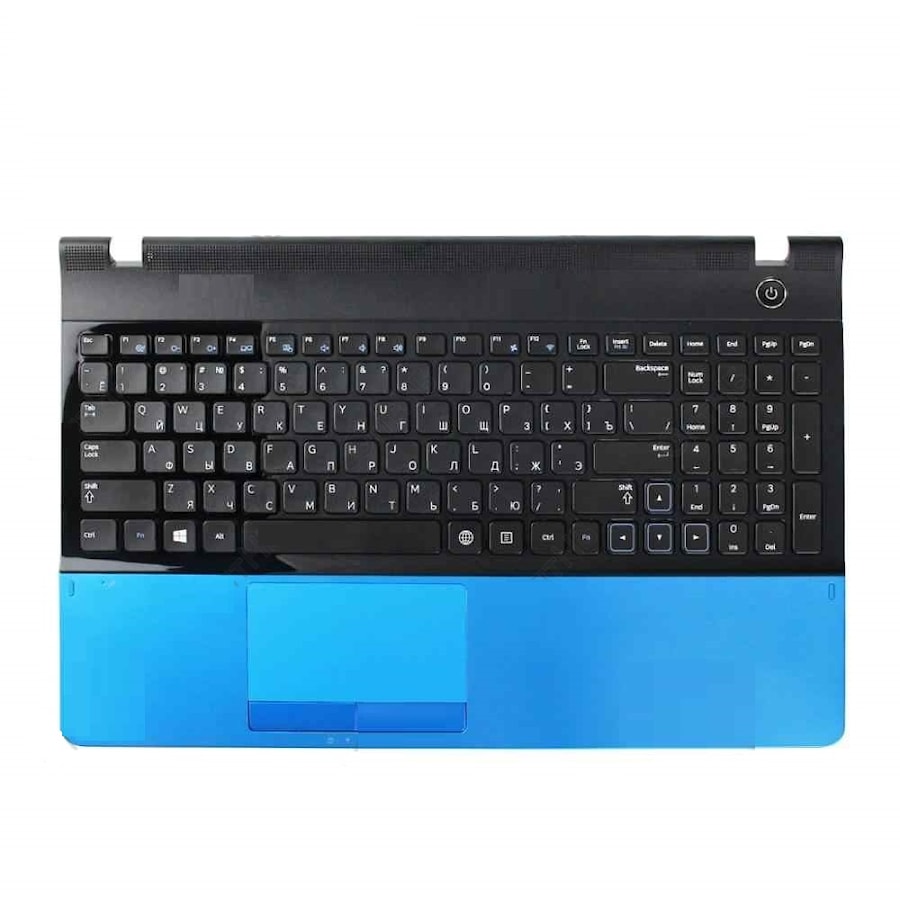 Клавиатура для ноутбука Samsung NP300E5A черная, верхняя панель в сборе (голубая)