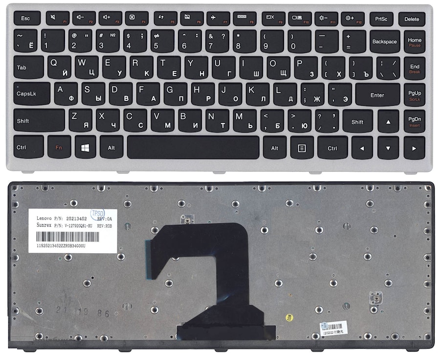 Клавиатура для ноутбука Lenovo IdeaPad S300, S400, S405 черная, рамка серебряная