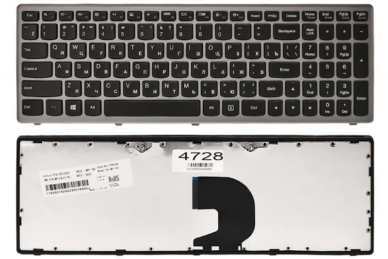 Клавиатура для ноутбука Lenovo IdeaPad Z500, P500 черная, рамка серебряная