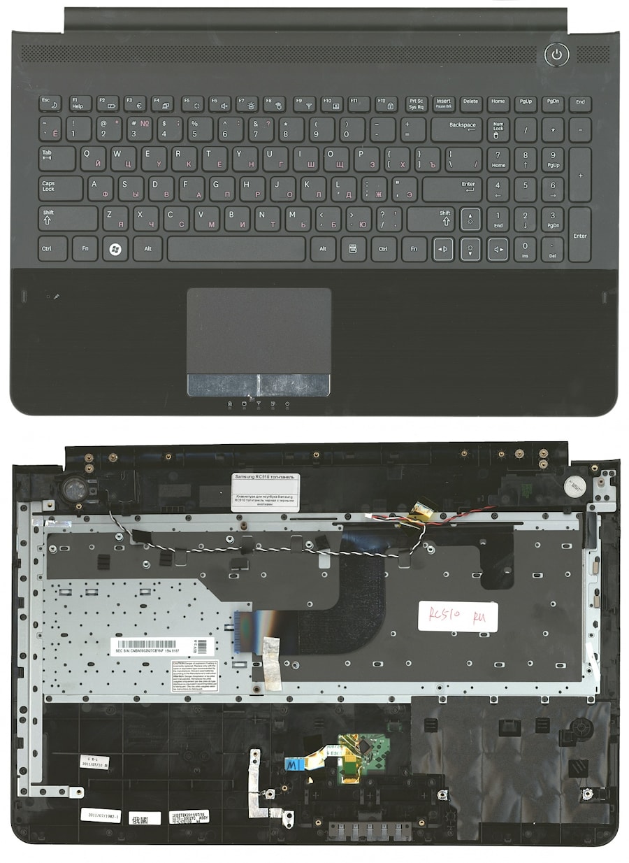 Клавиатура для ноутбука Samsung RC510, RC520 черная, с верхней панелью, английская