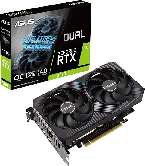 ASUS Video Card NVIDIA GeForce RTX 3050 Dual GeForce RTX 3050 8GB GDDR6 mode : 1807 MHz (Boost Clock) Gaming mode : 1777 MHz (Boost Clock),128-bit Yes