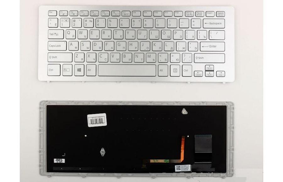 Клавиатура для ноутбука Sony Vaio SVF15N, SVF15N100C, SVF15N14CXB, SVF15N14CXS, SVF15N17SGB серебряная, с рамкой, с подсветкой