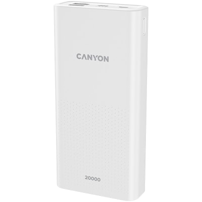 CANYON PB-2001, Power bank 20000mAh Li-poly battery, Input 5V/2A , Output 5V/2.1A(Max) , 144*69*28.5mm, 0.440Kg, white, 6