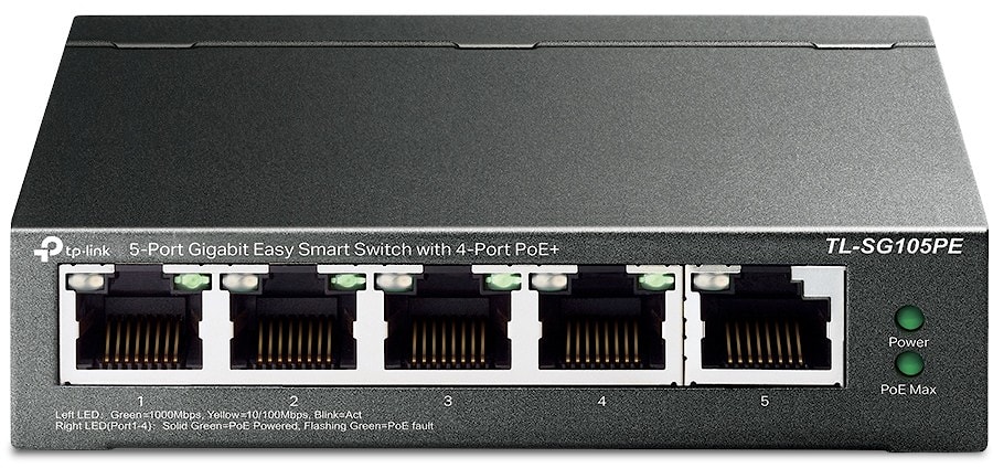 5-Port Gigabit Easy Smart Switch with 4-Port PoE+, metal case, desktop mount, PoE budget 65W, support 802,1q VLAN, QoS, Port Isolation, Loop Preventio