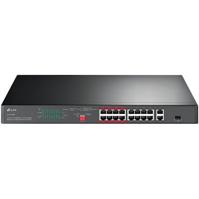 16-port 10/100Mbps + 2-port Gigabit unmanaged switch with 16 PoE+ ports, compliant with 802.3af/at PoE, 150W PoE budget, support 250m Extend Mode, pr