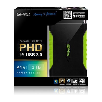 Silicon Power Armor - A15 1TB Portable HDD USB 3.2 Gen 1 Black & Green, Anti-shock, MIL-STD 810F Method 516.5 Procedure IV, LED light, Backup button ,
