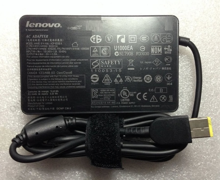 Блок питания (зарядное) Lenovo прямоугольный разъем, 65W (20V, 3.25A) без сетевого кабеля, ORG (slim type) (2-x конт. сет. кабель)