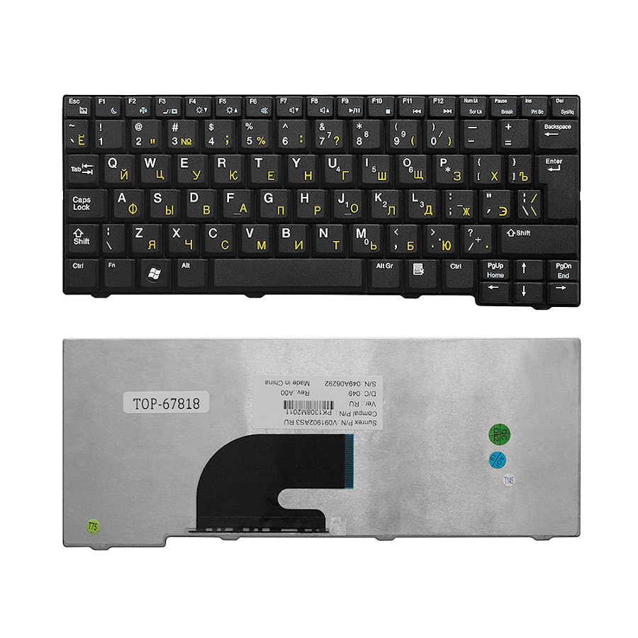 Клавиатура для ноутбука Acer Aspire One 531, A110, A150, D150, D210, ZG5 Series. Г-образный Enter. Черная без рамки. PN: 9J.N9482.00R, KB.INT00.513.