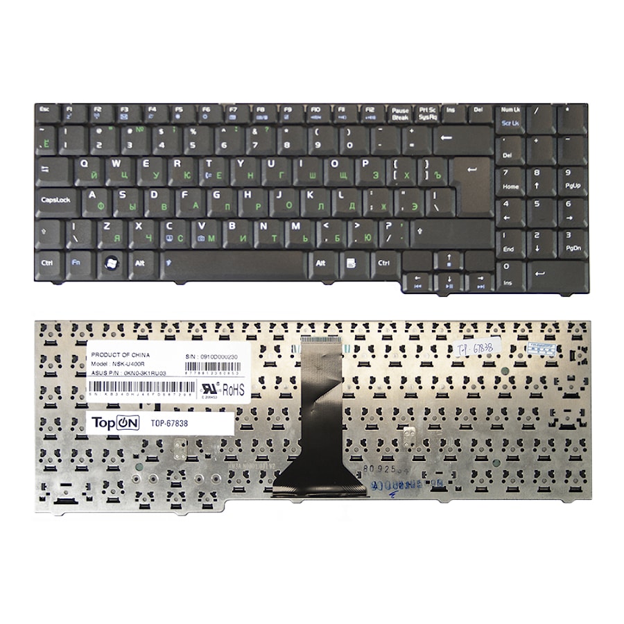 Клавиатура для ноутбука Asus M51, F7, PRO57A, X56 Series. Г-образный Enter. Черная, без рамки. PN: NSK-U400R, 9J.N0B82.00R.