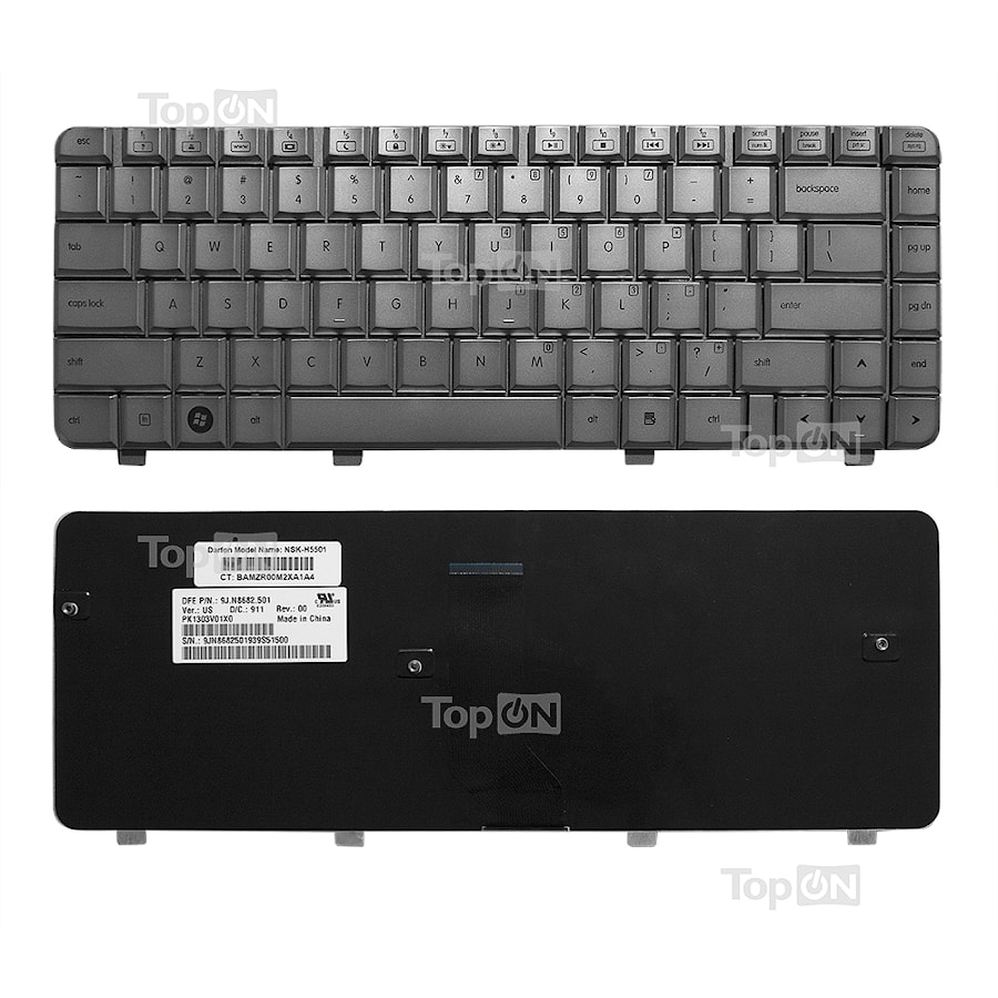Клавиатура для ноутбука HP Pavilion DV4-1000, DV4-1100, DV4-1200 Series. Плоский Enter. Серебристая, без рамки. PN: 9J.N8682.901, MP-05583US66.