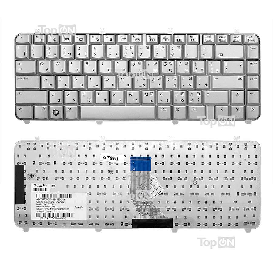 Клавиатура для ноутбука HP Pavilion DV5-1000, DV5-1100 Series. Плоский Enter. Серебристая, без рамки. PN: AEQT6700120, MP-05583SU69201.