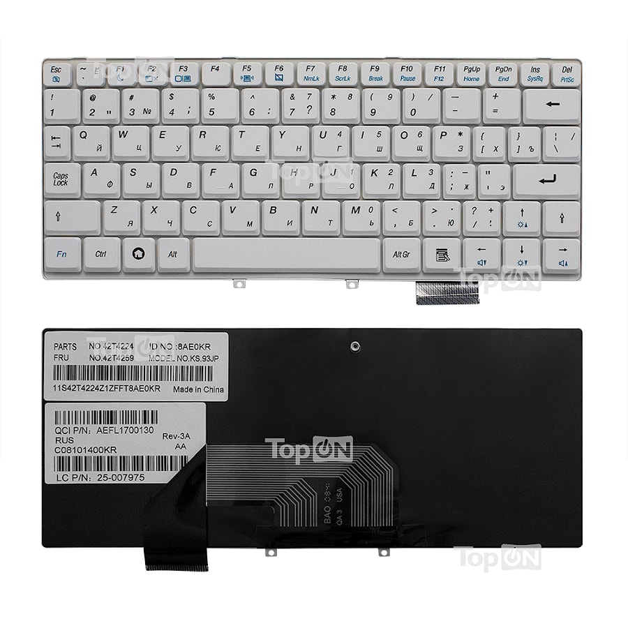 Клавиатура для ноутбука Lenovo IdeaPad S9, S10 Series. Плоский Enter. Белая, без рамки. PN: 42T4146, 25-008151.