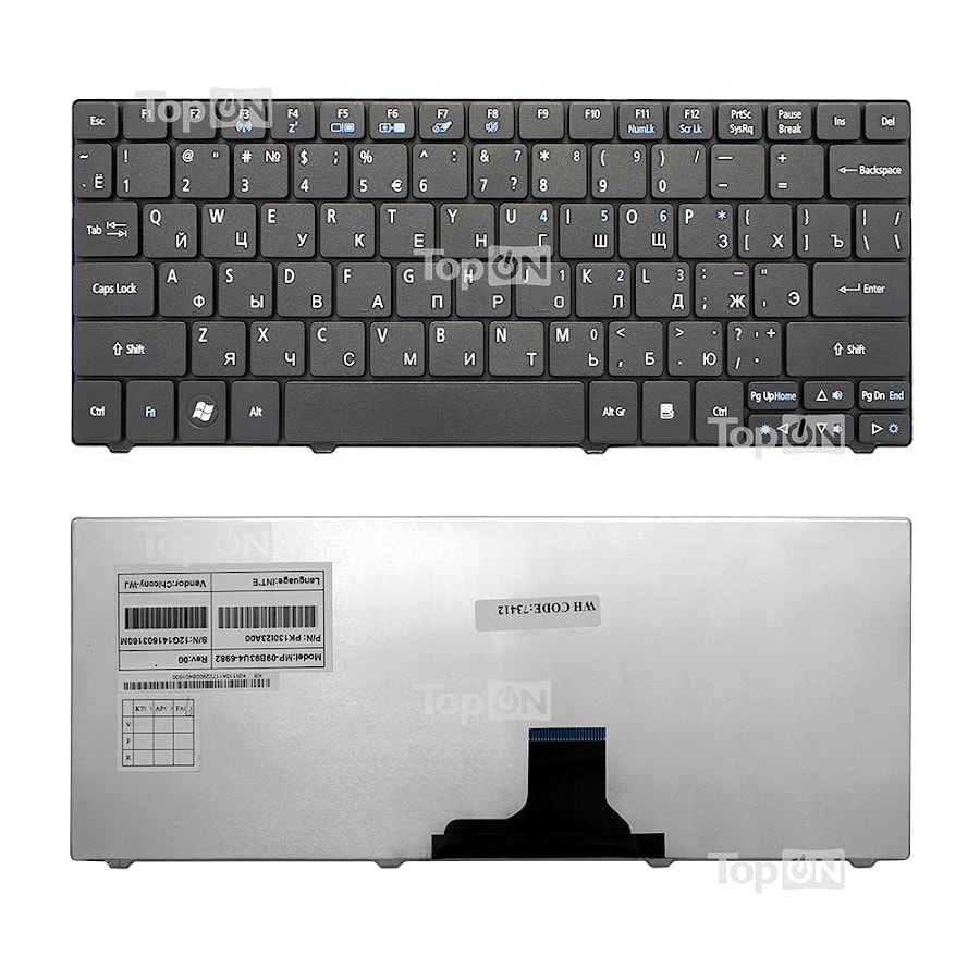 Клавиатура для ноутбука Acer Aspire 1410, 1425, 1810, 1830 Aspire One 721, 722, 751 Series. Плоский Enter. Черная, без рамки. PN: NSK-AQ10R.