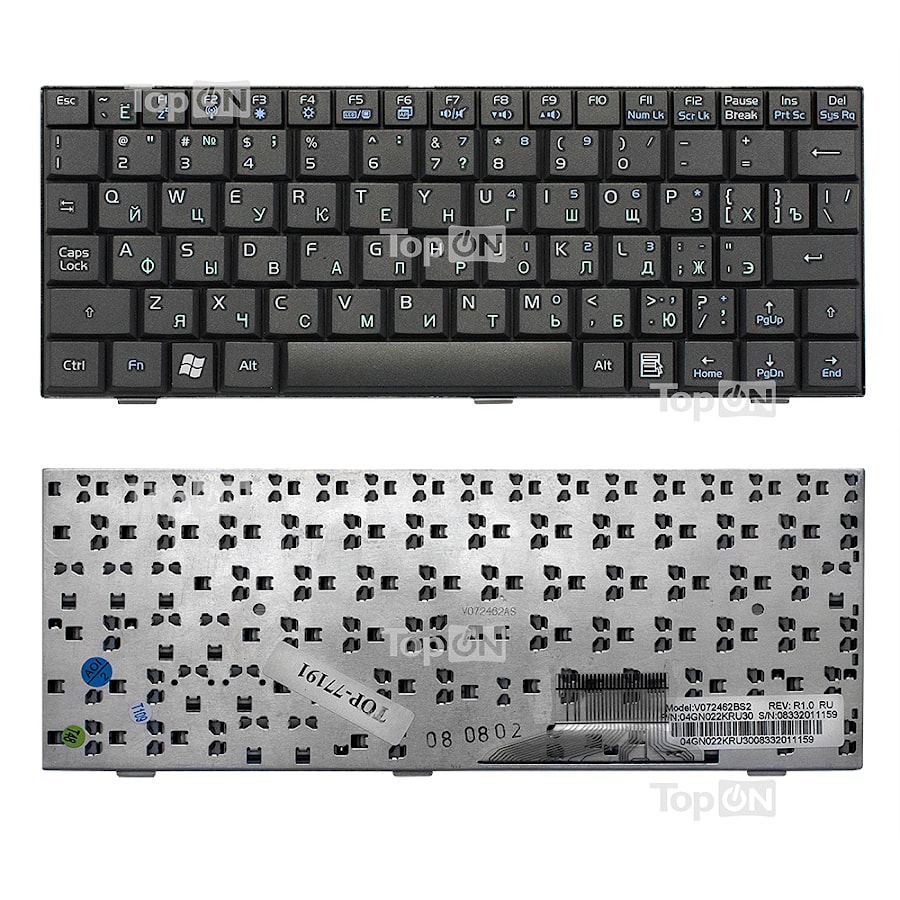 Клавиатура для ноутбука Asus Eee PC 700, 701, 900, 901 Series. Плоский Enter. Черная, без рамки. PN: V072462BS2, 04GN021KRU00.