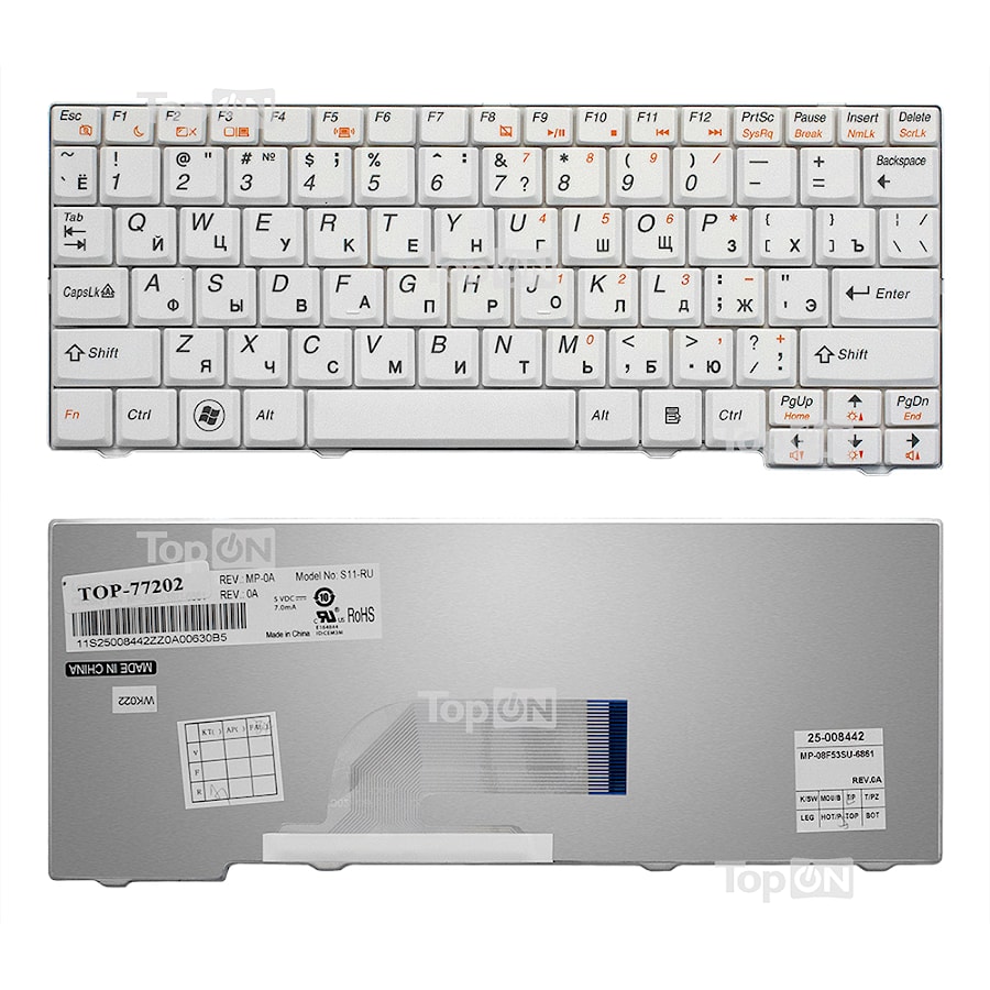Клавиатура для ноутбука Lenovo IdeaPad S10-2 Series. Плоский Enter. Белая, без рамки. PN: 25-008466, MP-08F53US-686.