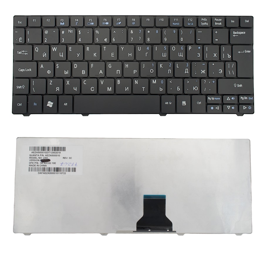 Клавиатура для ноутбука Acer Aspire 1410, 1425, 1810, 1830 Aspire One 721, 722, 751 Series. Г-образный Enter. Черная без рамки. PN: NSK-AQ10R.