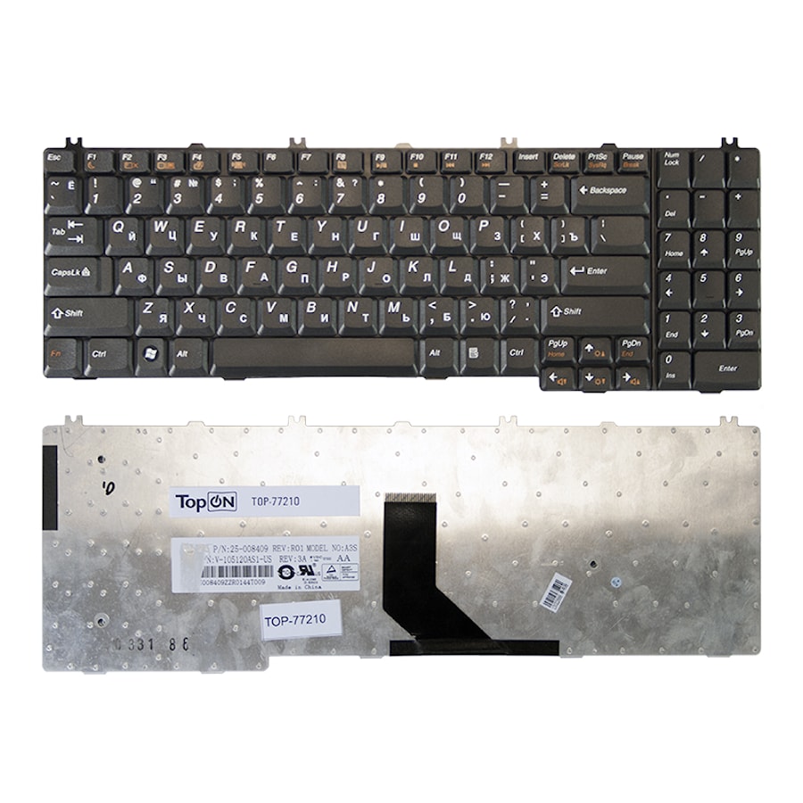 Клавиатура для ноутбука Lenovo IdeaPad G550, G555, B550, B560, V560 Series. Плоский Enter. Черная, без рамки. PN: 25-008409, V105120AS1.