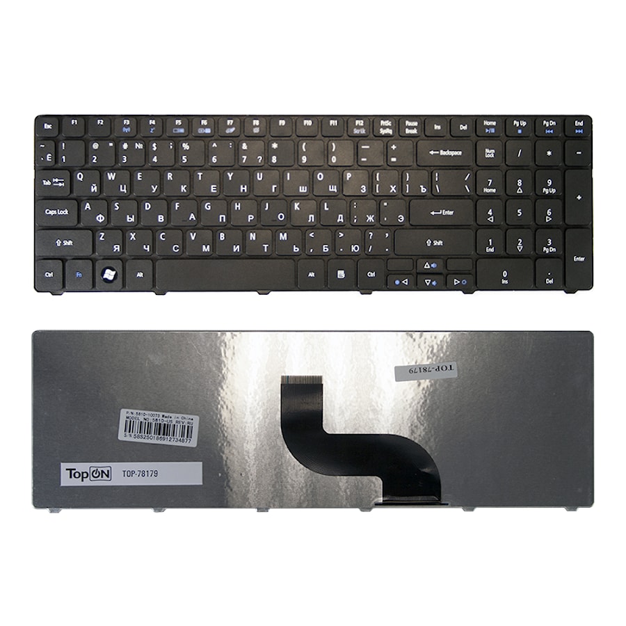 Клавиатура для ноутбука Acer Aspire 5810, 5810T, 5410T, 5820TG, 5536, 5738, 5739, 5551 Series. Плоский Enter. Черная, без рамки. PN: NSK-AL10R.