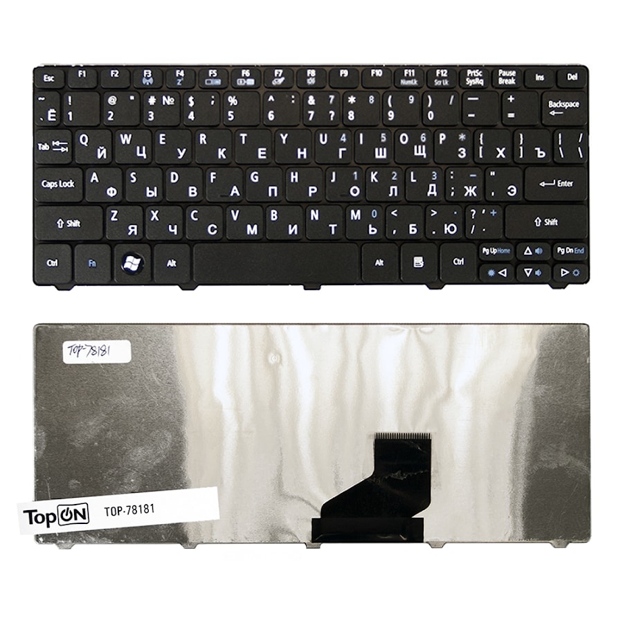 Клавиатура для ноутбука Acer Aspire One 521, 522, 532, D257, D270 Series. Плоский Enter. Черная, без рамки. PN: ZE6, ZH9, 90.4GS07.C0R, 9Z.N3K82.A0R.