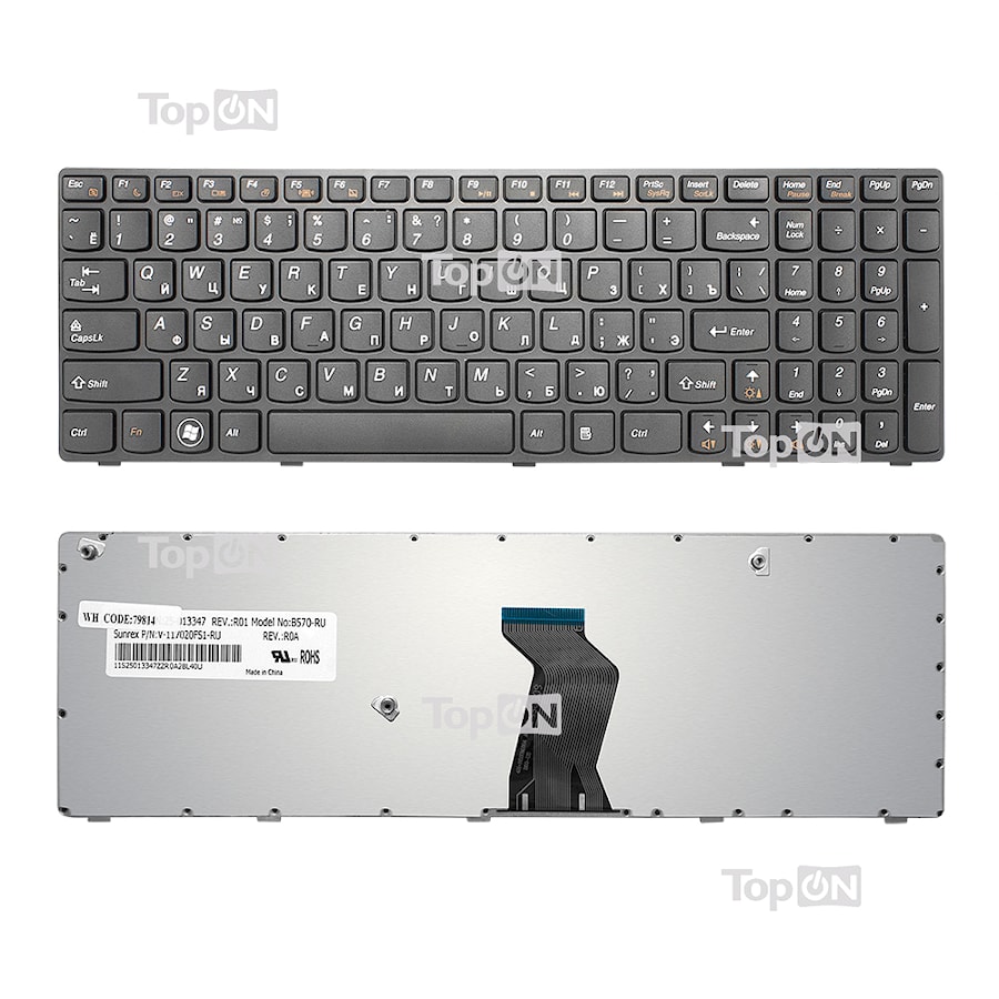 Клавиатура для ноутбука Lenovo G570, G575, G770, Z560, Z565 Series. Плоский Enter. Черная, с черной рамкой. PN: 9Z.N5SSC.00R, G570-RU.