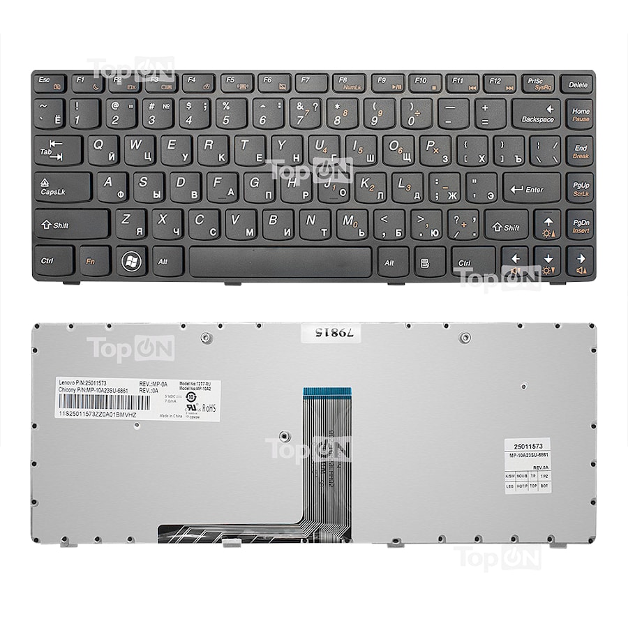 Клавиатура для ноутбука Lenovo B470, G470, V470 Series. Плоский Enter. Черная, с черной рамкой. PN: 9Z.N5TSW.B0R, NSK-B6BSW.