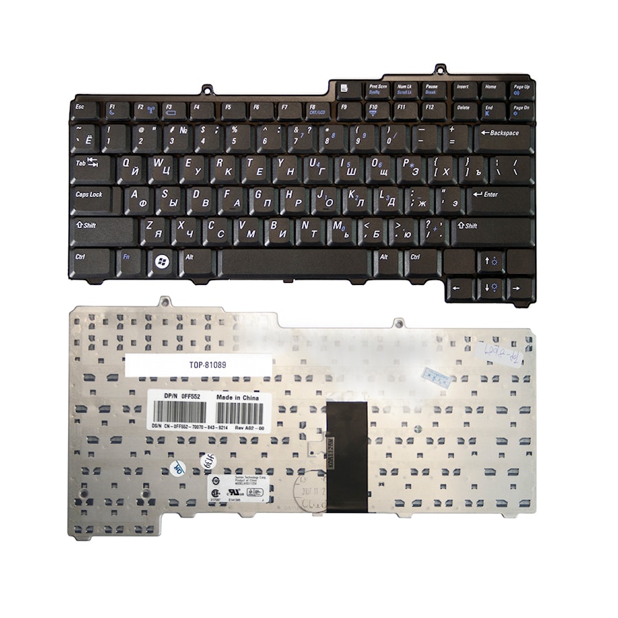 Клавиатура для ноутбука Dell Inspiron 9400, 630M, 640M, Latitude 131L, Vostro 1000 Series. Плоский Enter. Черная, без рамки. PN: NSK-D5A0R, 0NC929.