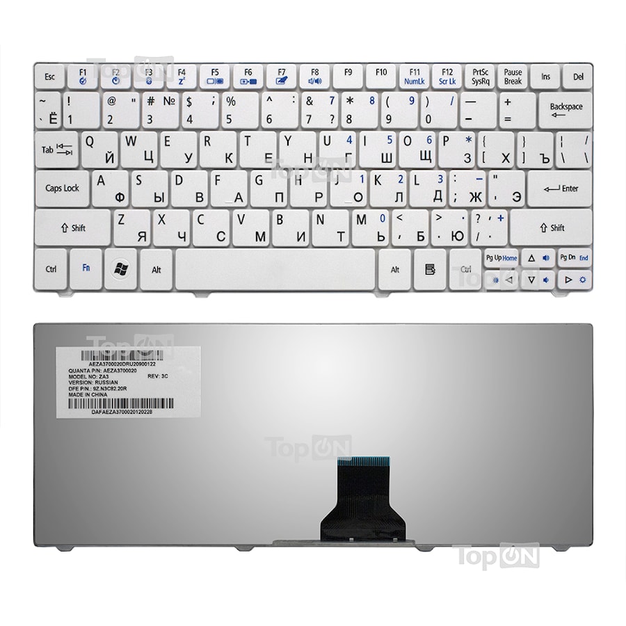 Клавиатура для ноутбука Acer Aspire 1410, 1425, 1810, 1830 Aspire One 721, 722, 751 Series. Плоский Enter. Белая, без рамки. PN: NSK-AQ10R.