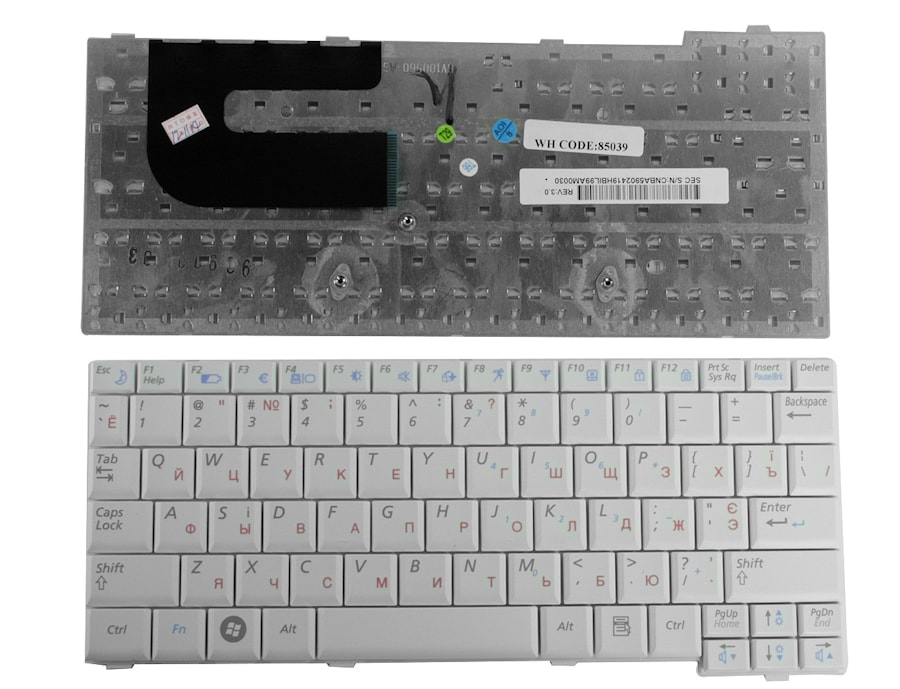 Клавиатура для ноутбука Samsung NC10, N110, N130, N140 Series. Плоский Enter. Белая, без рамки. PN: BA59-02697D, CNBA5902419QBIL.