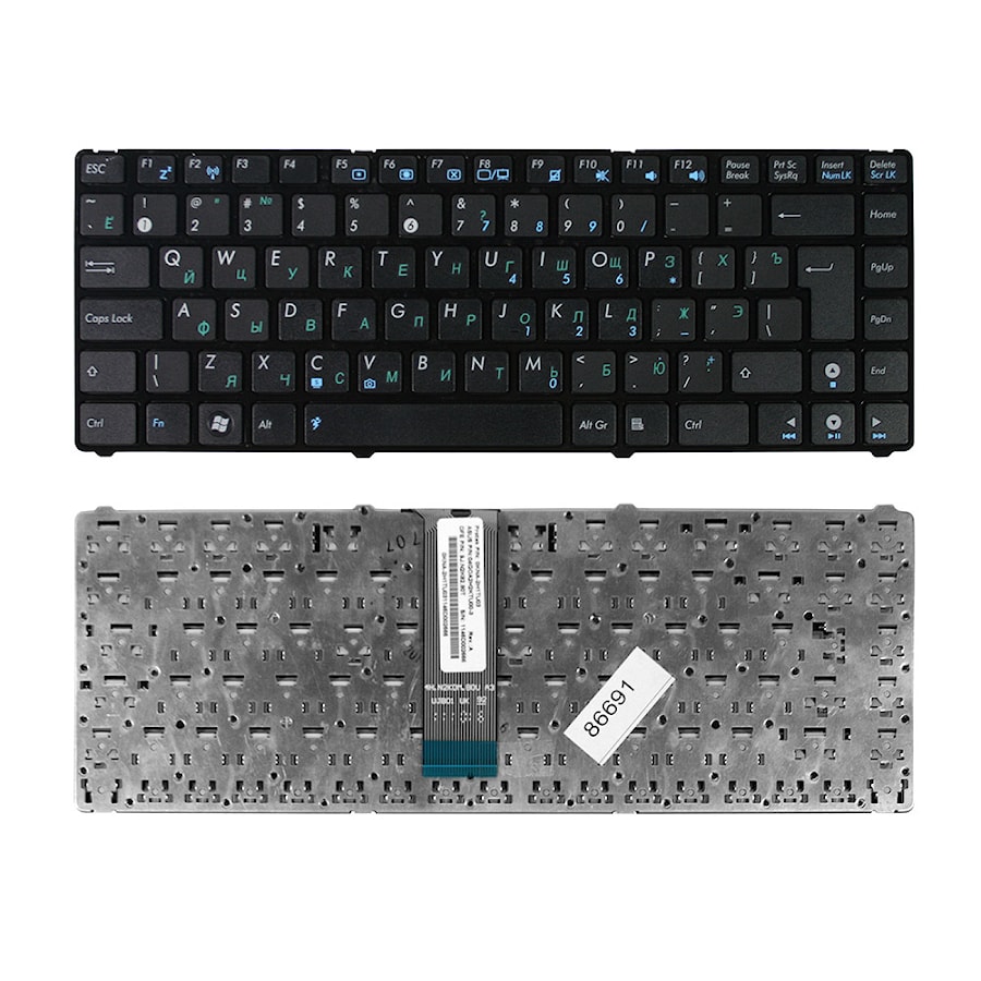 Клавиатура для ноутбука Asus UL20, Eee PC 1201, 1215, 1225 Series . Г-образный Enter. Черная, с черной рамкой. PN: 9J.N2K82.90R, NSK-UJA0R.