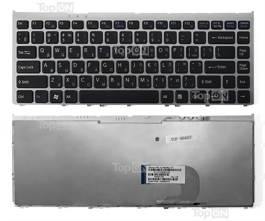 Клавиатура для ноутбука Sony Vaio VGN-FW, VGNFW Series. Плоский Enter. Черная, с серебристой рамкой. PN: 148084121, NSK-S810R.