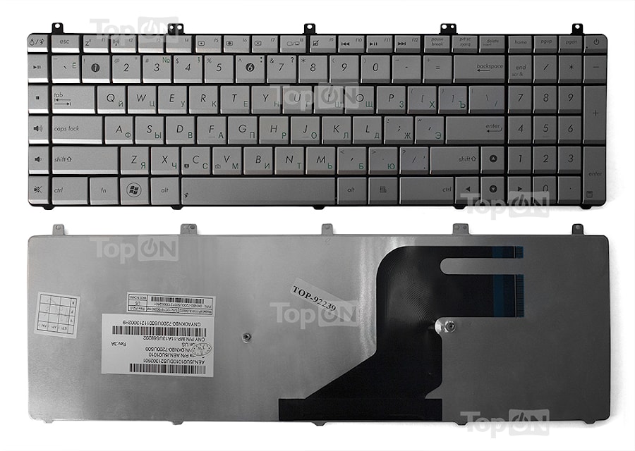 Клавиатура для ноутбука Asus N55, N55S, N75, N75S, X5QS Series. Плоский Enter. Серебристая, без рамки. PN: AENJ5700030, 0KNB0-7200RU00.