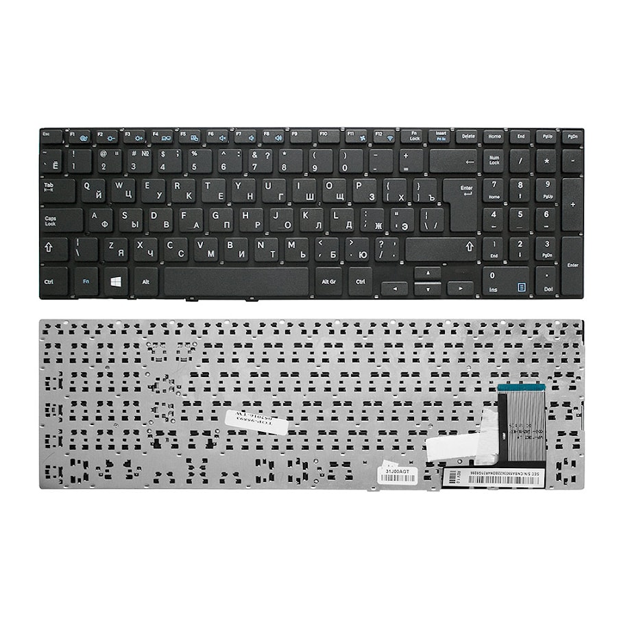 Клавиатура для ноутбука Samsung NP370R5E, NP450R5V, NP470R5E Series. Г-образный Enter. Черная, без рамки. PN: BA75-04478C, BA59-03682C.