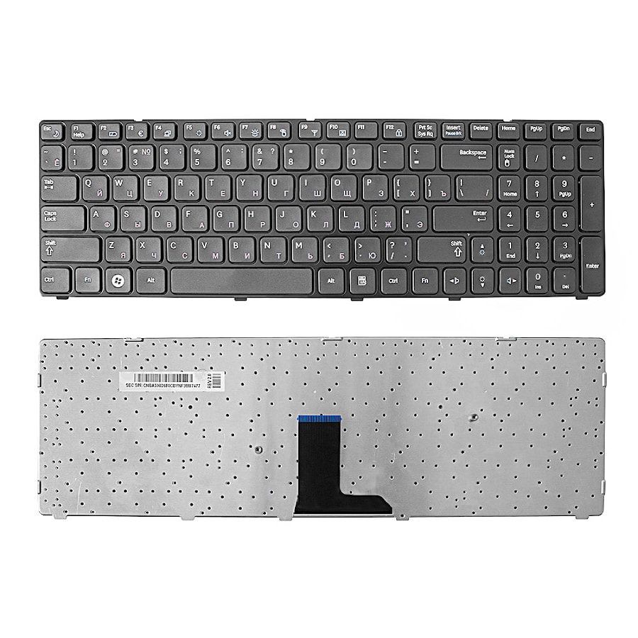 Клавиатура для ноутбука Samsung R578, R580, R588, R590 Series. Плоский Enter. Черная, с черной рамкой. PN: BA59-02680C, BA59-02811C.