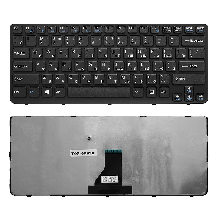 Клавиатура для ноутбука Sony Vaio E14, SVE14 Series. Плоский Enter. Черная, с черной рамкой. PN: 149115111RU, 9Z.N6BBF.R0R.
