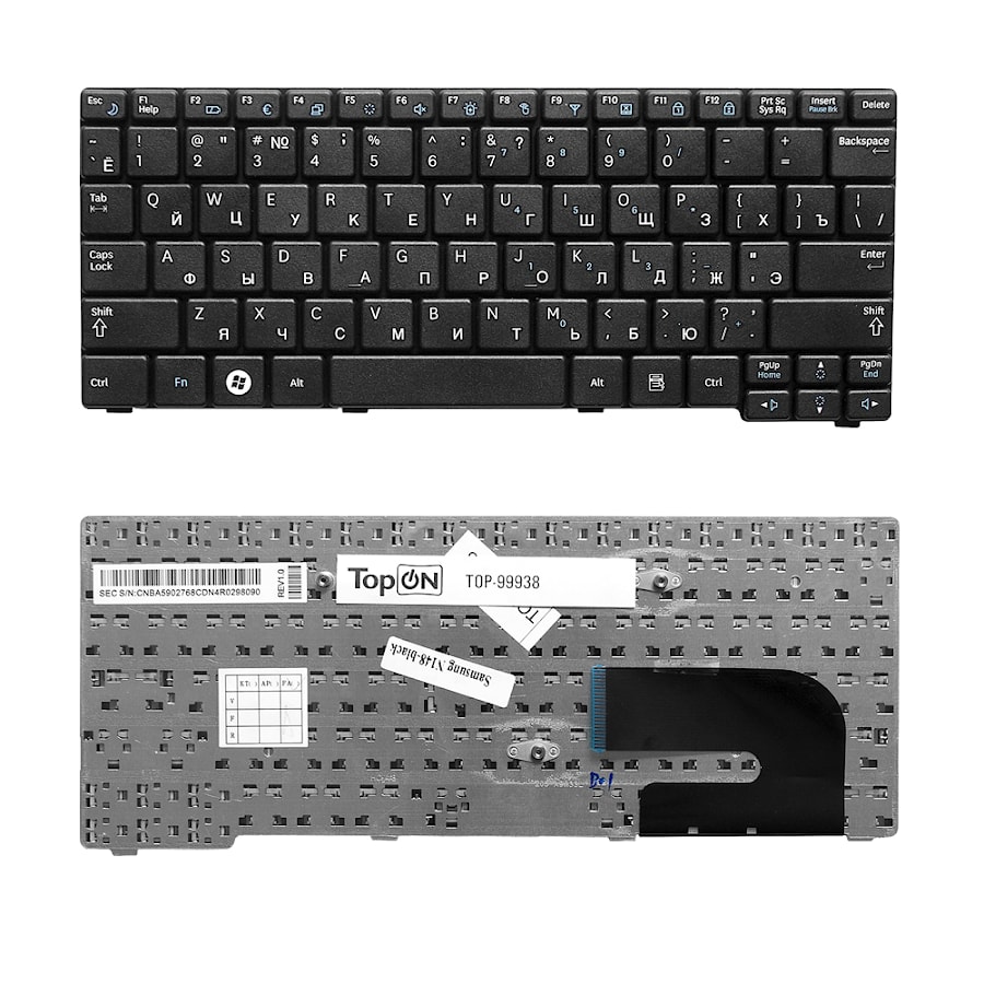 Клавиатура для ноутбука Samsung N140, N144, N145, N148, N150,NB20, NB30 Series. Плоский Enter. Черная, без рамки. PN: CNBA5902686CBIL , BA59-02708C.