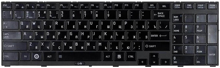 Клавиатура для ноутбука Toshiba Tecra R850, Satellite Pro R850 Series. Г-образный Enter. Черная, с черной рамкой. PN: MP-10K96SU6356.