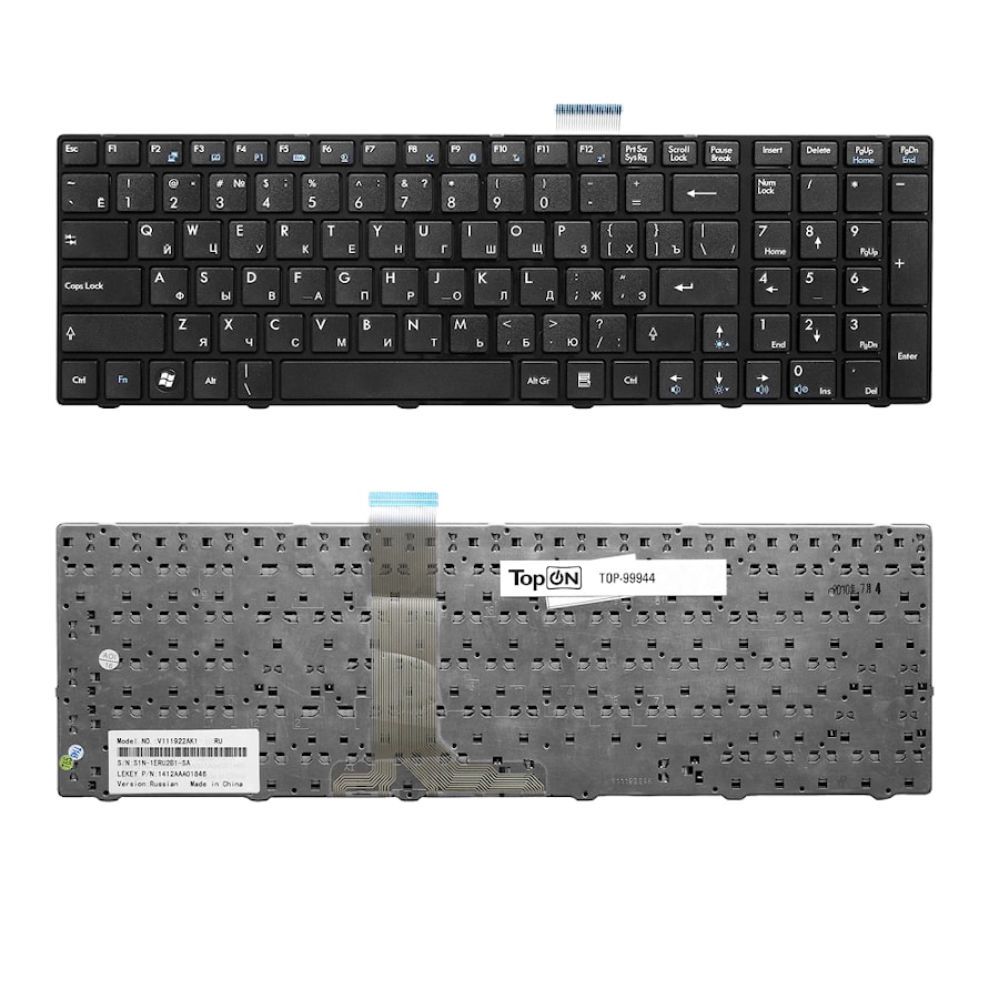 Клавиатура для ноутбука MSI A6200, A6500, CR630, CR650, MS168, S6000 Series. Плоский Enter. Черная, с черной рамкой. PN: V111922BK1 S1N-3ERU211-SA0.