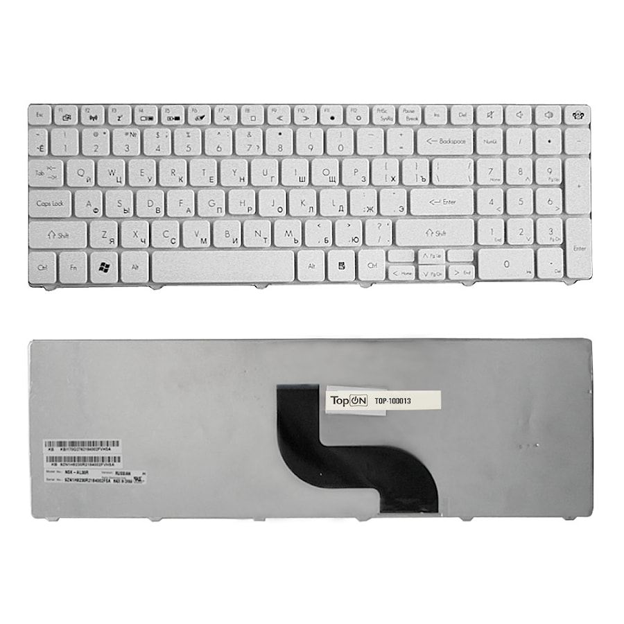 Клавиатура для ноутбука Packard Bell TM80, TM81, TM82, TM83, TM85 Series. Плоский Enter. Белая, без рамки. PN: 90.4HS07.U0R, 9Z.N1H82.D0R.