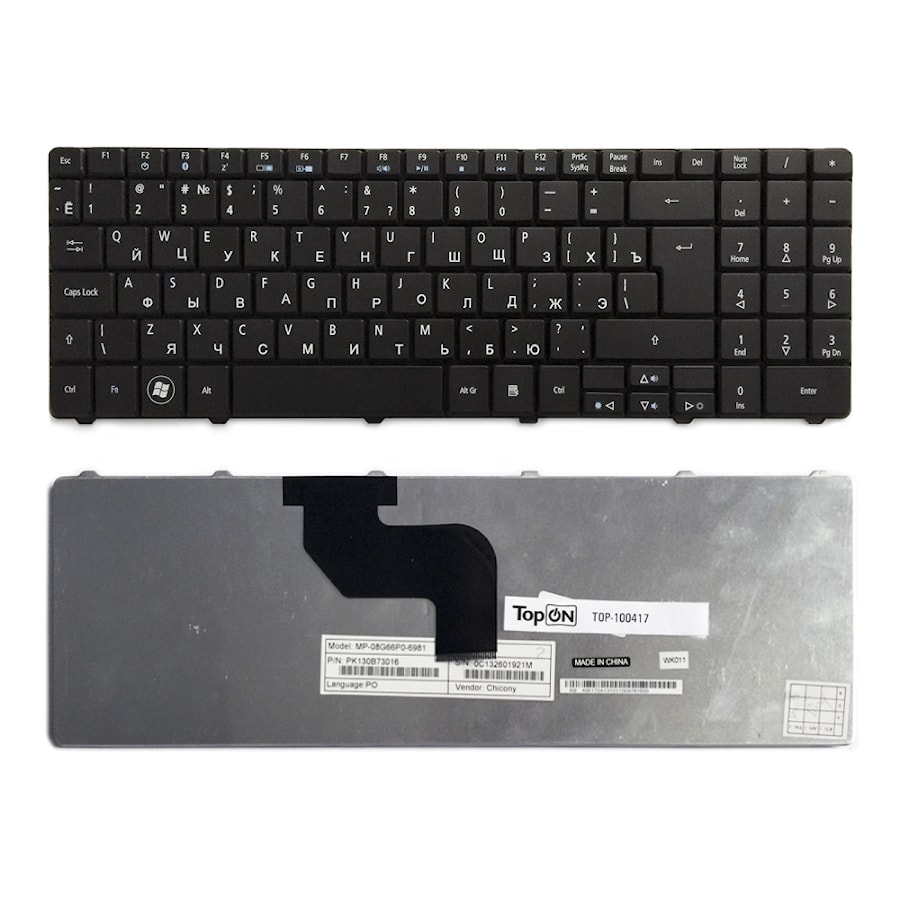 Клавиатура для ноутбука Acer Aspire 5516, 5517, 5332, 5532, 5732 eMachines E430, E525, E527 Series. Г-образный Enter. Черная без рамки. PN: NSK-GFB0R.