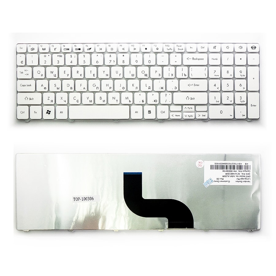 Клавиатура для ноутбука Acer Timeline 5810T, 5410T, 5820TG, 5536, 5750G Series. Плоский Enter. Белая, без рамки. PN: NSK-AL10R, 9J.N1H82.A0R.