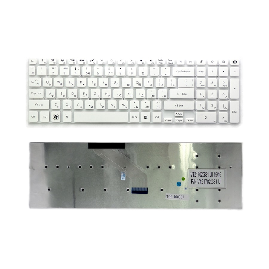 Клавиатура для ноутбука Acer Aspire 5755, 5755G, 5830, 5830T, 5955 Series. Г-образный Enter. Белая, без рамки. PN: MP-10K33U4-6983, PK130HQ1A00.