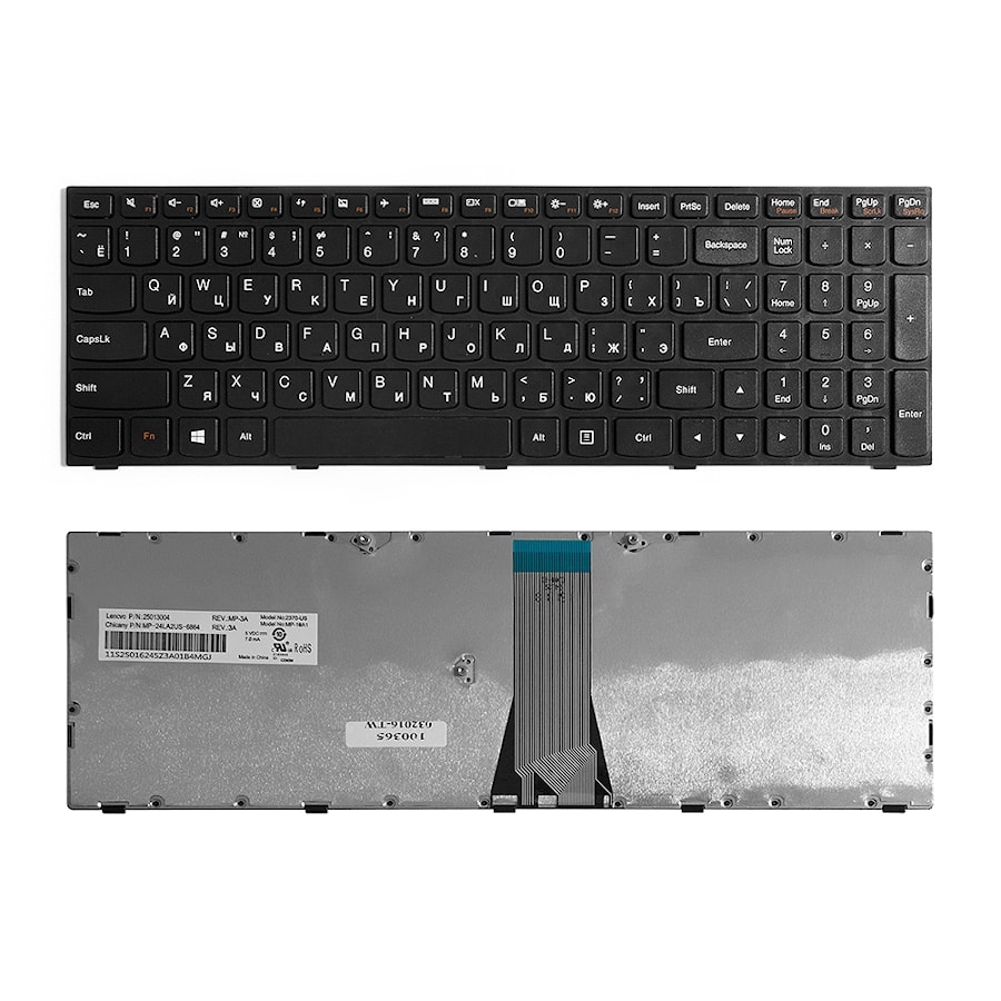 Клавиатура для ноутбука Lenovo IdeaPad G50-30, G50-45, G50-70 Series. Плоский Enter. Черная, с черной рамкой. PN: NSK-BQ0SN, 25214725.