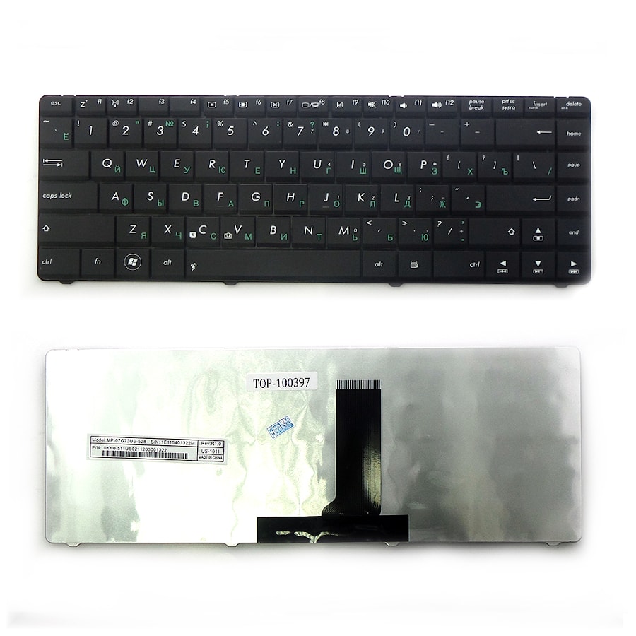 Клавиатура для ноутбука Asus N43, P43, K84 Series. Плоский Enter. Черная, без рамки. PN: 9Z.N6USU.00R, 0KN0-J91SU02.