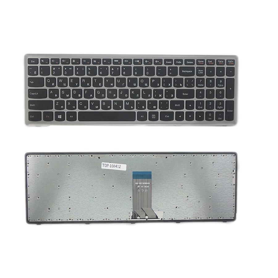 Клавиатура для ноутбука Lenovo IdeaPad U510, Z710 Series. Плоский Enter. Черная. С серебристой рамкой. PN: 0KN0-B52RU13, 0KN0-B61RU13.