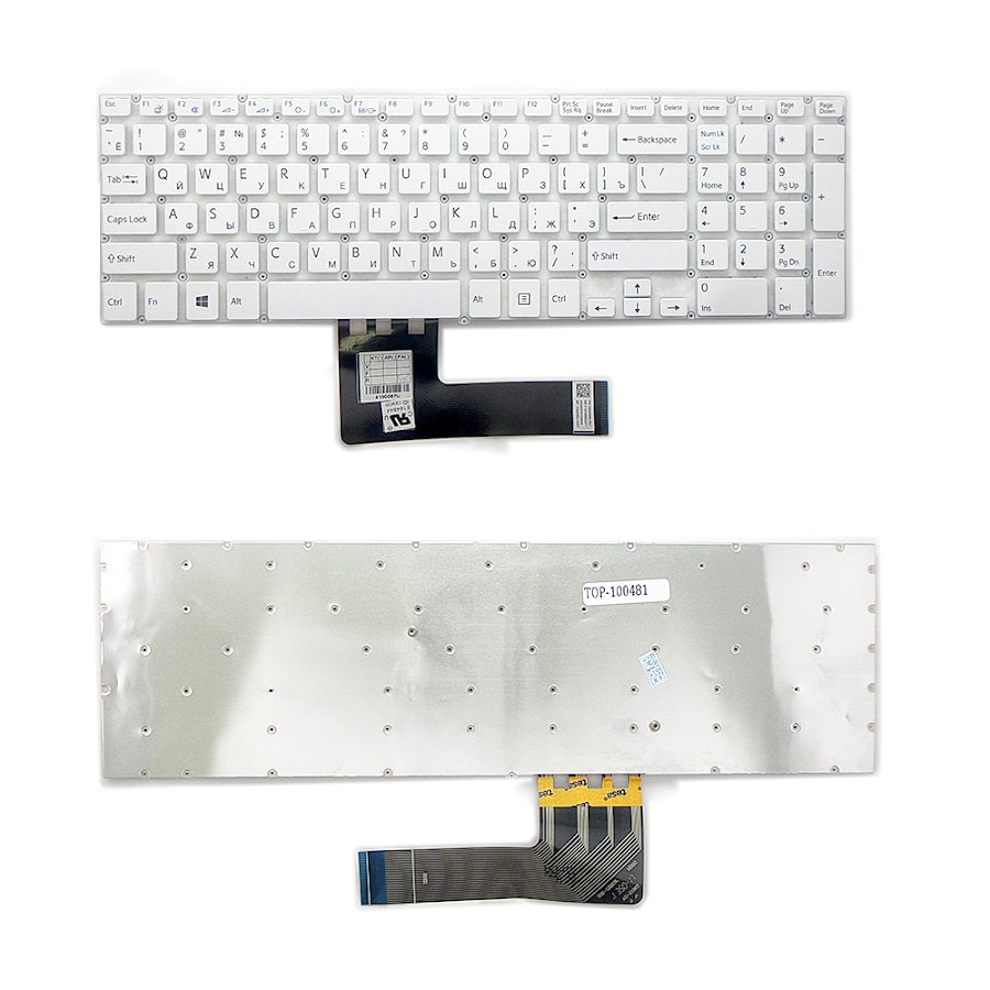 Клавиатура для ноутбука Sony Vaio Fit 15, FIT15, SVF15, SVF152 Series. Плоский Enter. Белая, без рамки. PN: 9Z.NAEBQ.00R, NSK-SN0BQ.