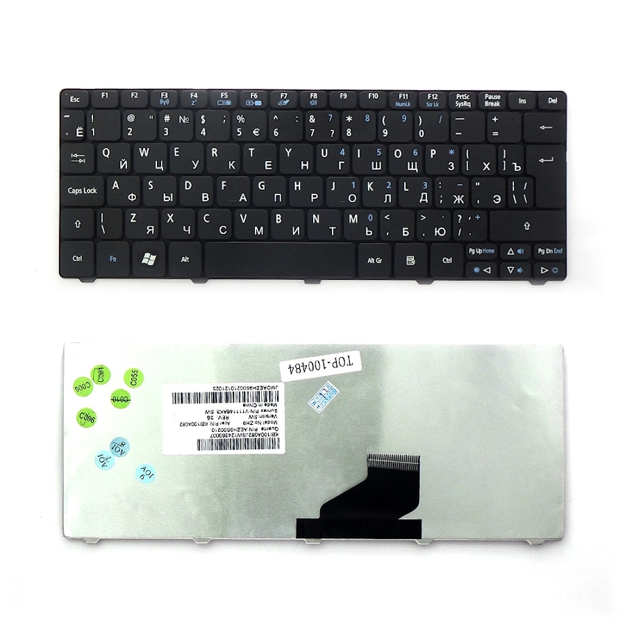 Клавиатура для ноутбука Acer Aspire One 521, 522, 532, D260, D270 Series. Г-образный Enter. Черная, без рамки. PN: 90.4GS07.C0R, 9Z.N3K82.A0R.