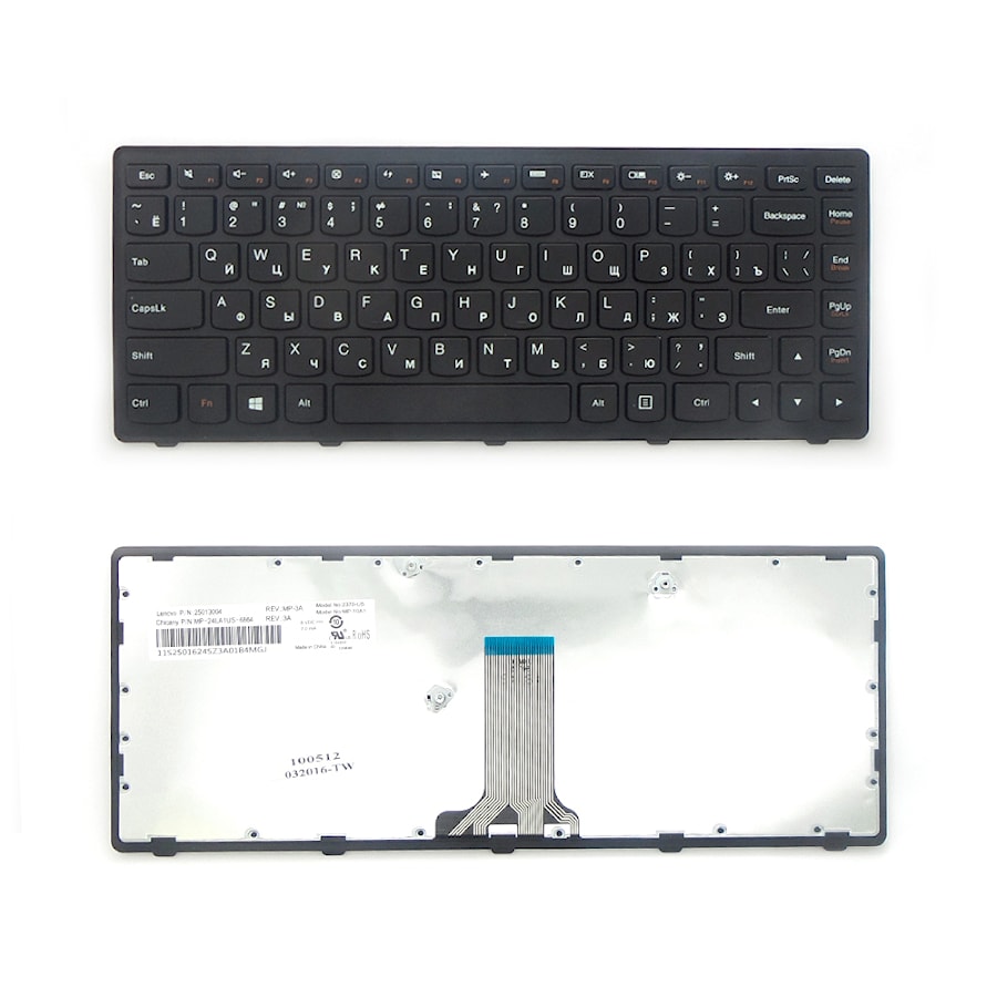 Клавиатура для ноутбука Lenovo G400S, G405S, G410S, S410P Series. Плоский Enter. Черная, с черной рамкой. PN: V-142920AS1, 9Z.NAASW.L0R.