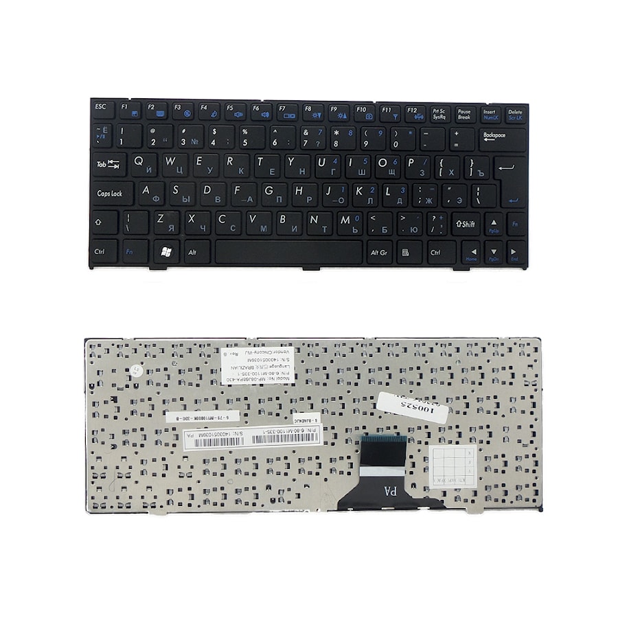 Клавиатура для ноутбука DNS 0121598, 0121595, Clevo M1110, M1111, M1115 Series. Г-образный Enter. Черная, с черной рамкой. PN: MP-08J66SU-430.