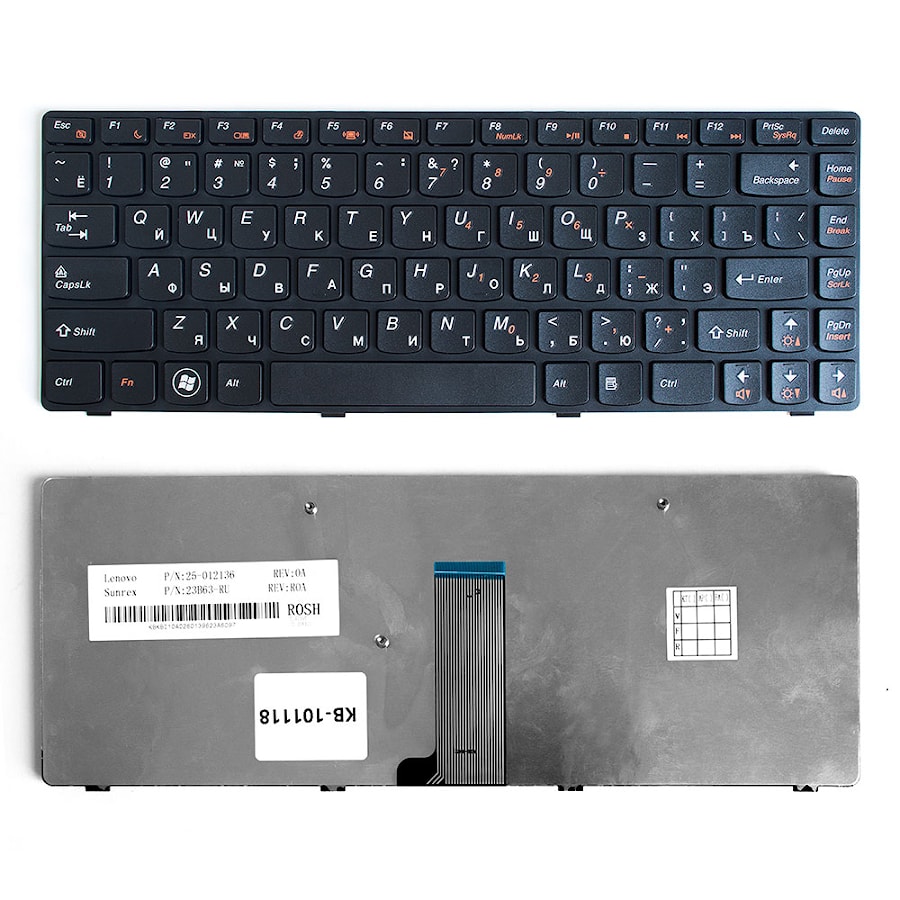 Клавиатура для ноутбука Lenovo IdeaPad B480, G480, Z380, Z480 Series. Плоский Enter. Черная, с черной рамкой. PN: 25202118, 9Z.N5TSQ.T0R.